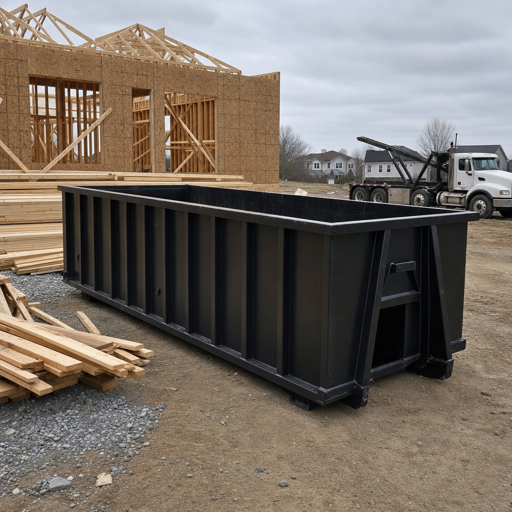 Matte-black 40-yard roll-off dumpster staged on a framed-out residential construction site in Calabasas, framing lumber stacked nearby, hooklift delivery truck visible in the background under bright Colorado daylight