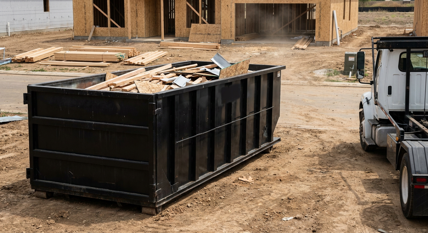 Matte-black 20-yard roll-off construction dumpster with heavy ribbed steel sidewalls and swing rear doors at a working jobsite in Calabasas, sitting directly on compacted dirt with an unmarked white hauler partially visible at the far edge of the frame.