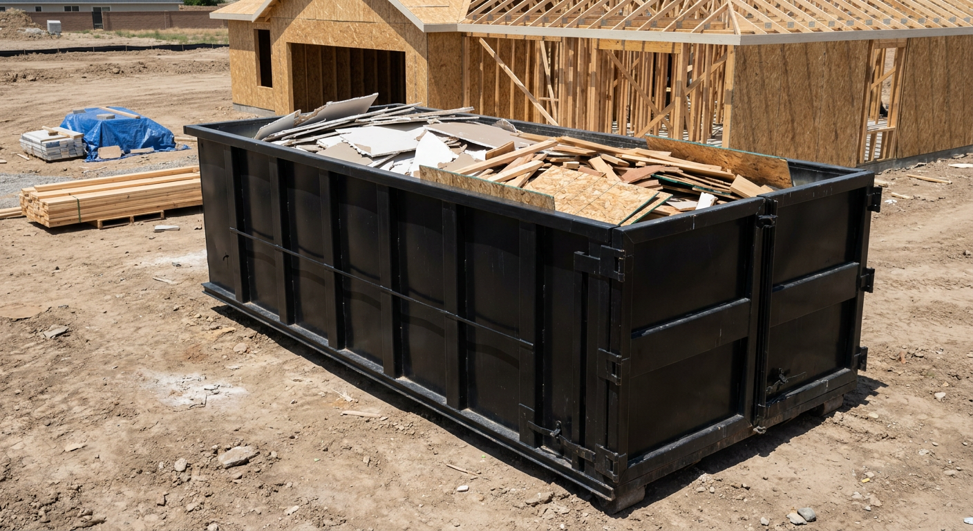 Matte-black 30-yard roll-off construction dumpster sitting directly on the compacted-dirt site of a framed single-family home build in Calabasas, drywall and lumber scrap loaded inside.