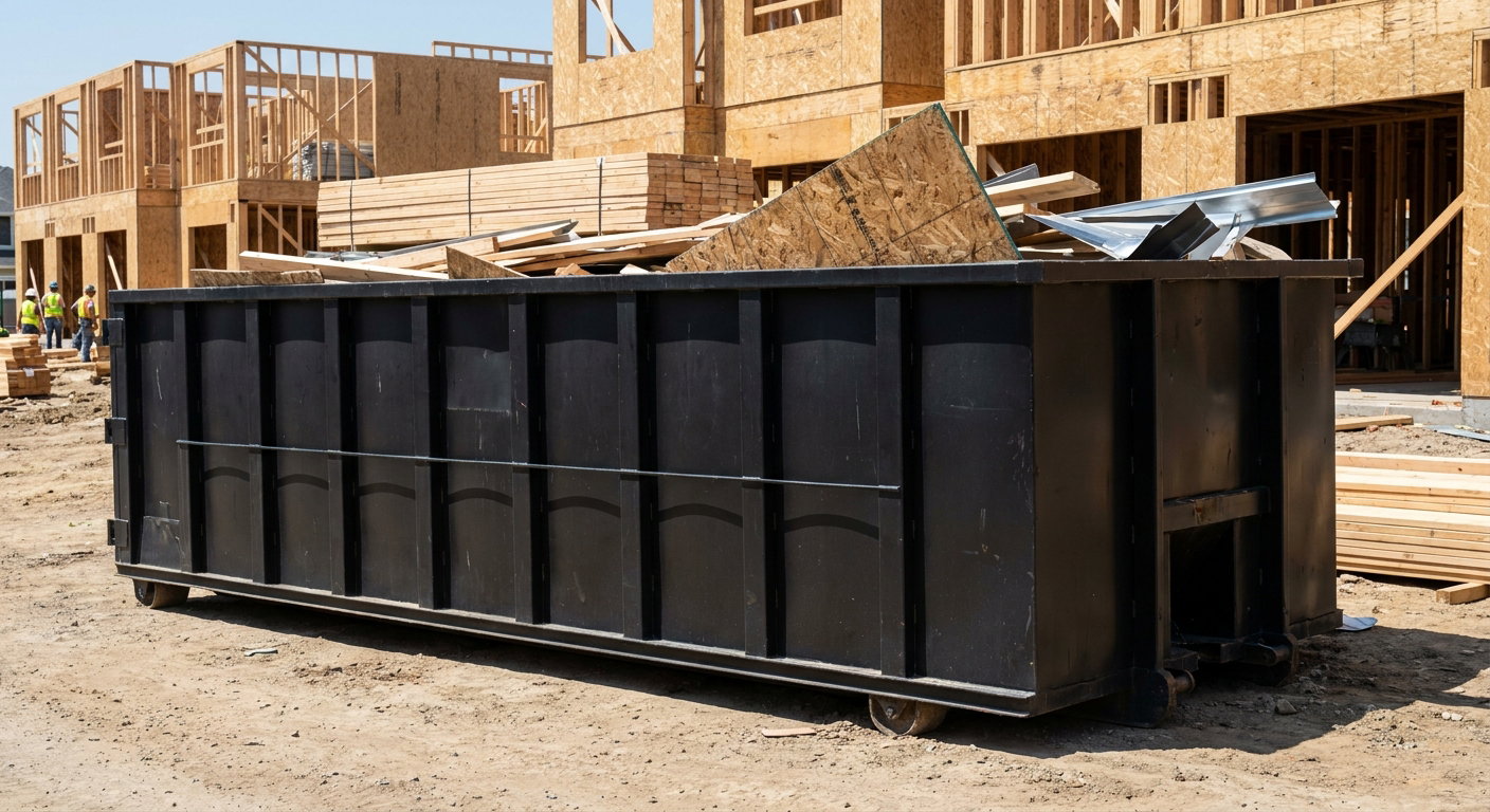 Matte-black 40-yard roll-off construction dumpster being lowered from a white-cab hooklift delivery truck onto the compacted-dirt jobsite at a commercial build site in Calabasas