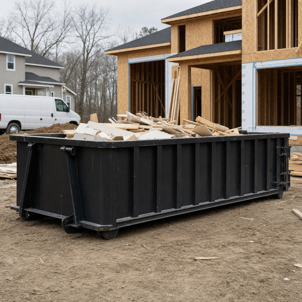 Worker in a yellow high-visibility vest tossing framing lumber and broken drywall into a matte-black 30-yard construction roll-off dumpster on an active build site in Calabasas, bright daylight