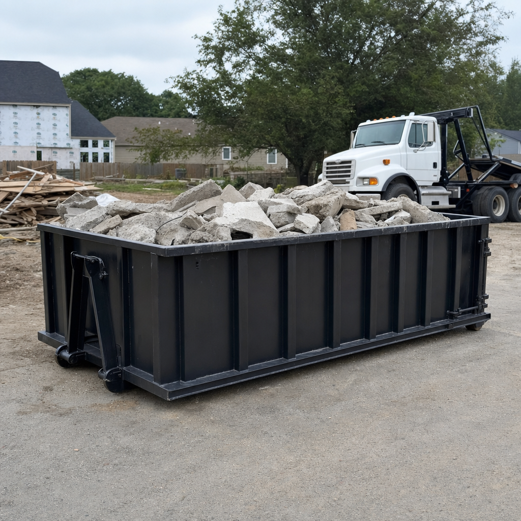 Low-profile matte-black lowboy roll-off dumpster loaded with broken concrete slab and rebar at a foundation tear-out in Calabasas, skid steer parked beside it, sunny Colorado morning