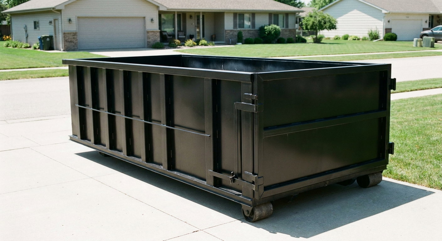 Matte-black 10-yard roll-off dumpster on a residential concrete driveway in Calabasas, uniformly painted matte black across every panel and rail, ribbed steel sidewalls and rear swing door visible, mid-day daylight.