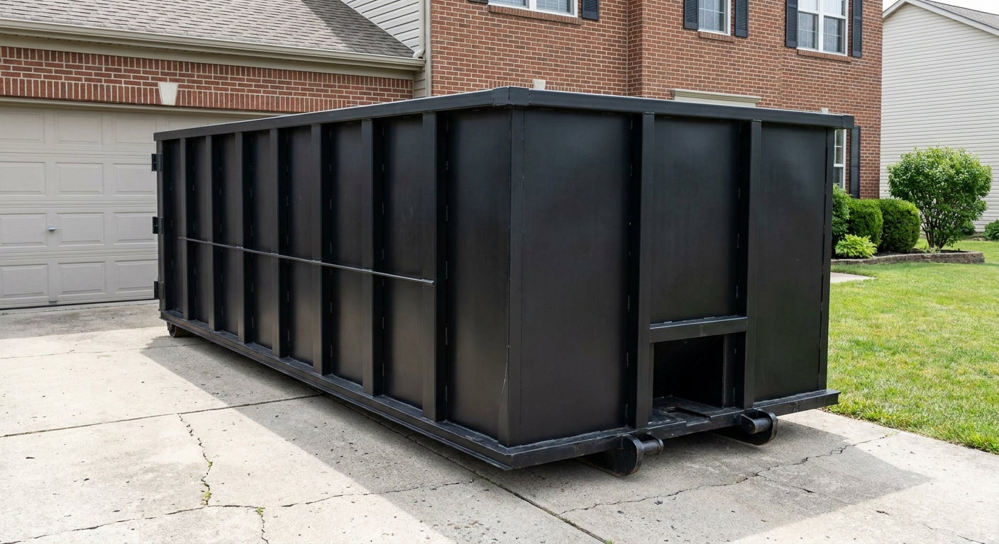 Matte-black 20-yard roll-off container on a Calabasas residential concrete driveway with reinforced ribbed steel sidewalls and a hinged rear walk-in door, clean bright daylight.