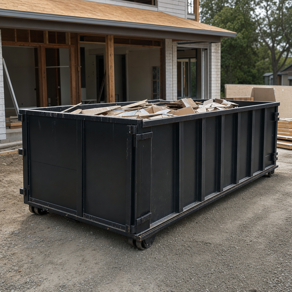 Large matte-black 30-yard construction roll-off dumpster at an active Calabasas jobsite, steel-gray top rails and bottom rollers visible, loaded with construction debris.