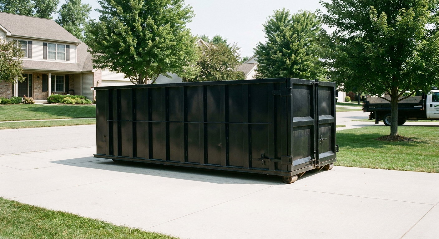 Matte-black 20-yard roll-off dumpster sitting level on a clean Calabasas residential concrete driveway under bright daylight, demonstrating clean placement directly on the concrete.