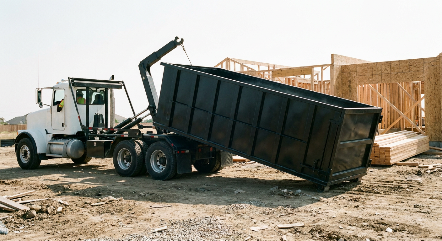 Matte-black roll-off dumpster being delivered onto a clean residential concrete driveway in Calabasas by an unmarked white hooklift hauler truck, bright morning daylight, documentary 35mm perspective.
