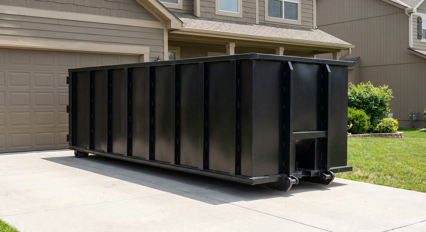 Matte-black residential roll-off dumpster sitting directly on a suburban Calabasas concrete driveway, garage door closed, single-family home in background, bright morning daylight.