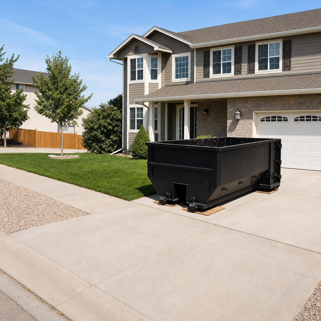 10-yard matte-black residential dumpster placed directly on a narrow Calabasas concrete driveway, room remains for a parked sedan beside it, mid-morning natural light