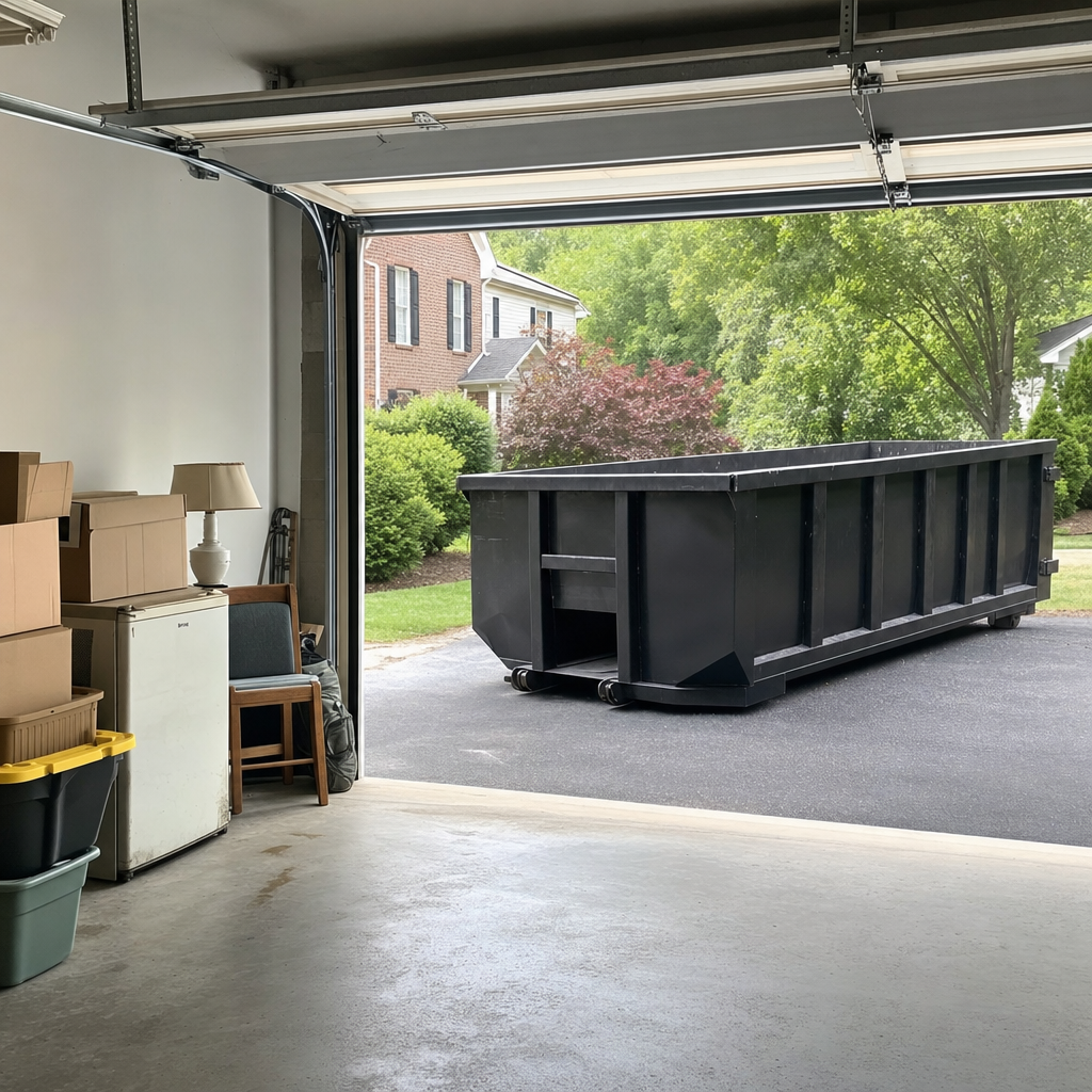 Open garage interior in a Calabasas home mid-cleanout — boxed items, an old appliance, and stacked yard tools queued near the driveway for a matte-black roll-off dumpster, organized and calm