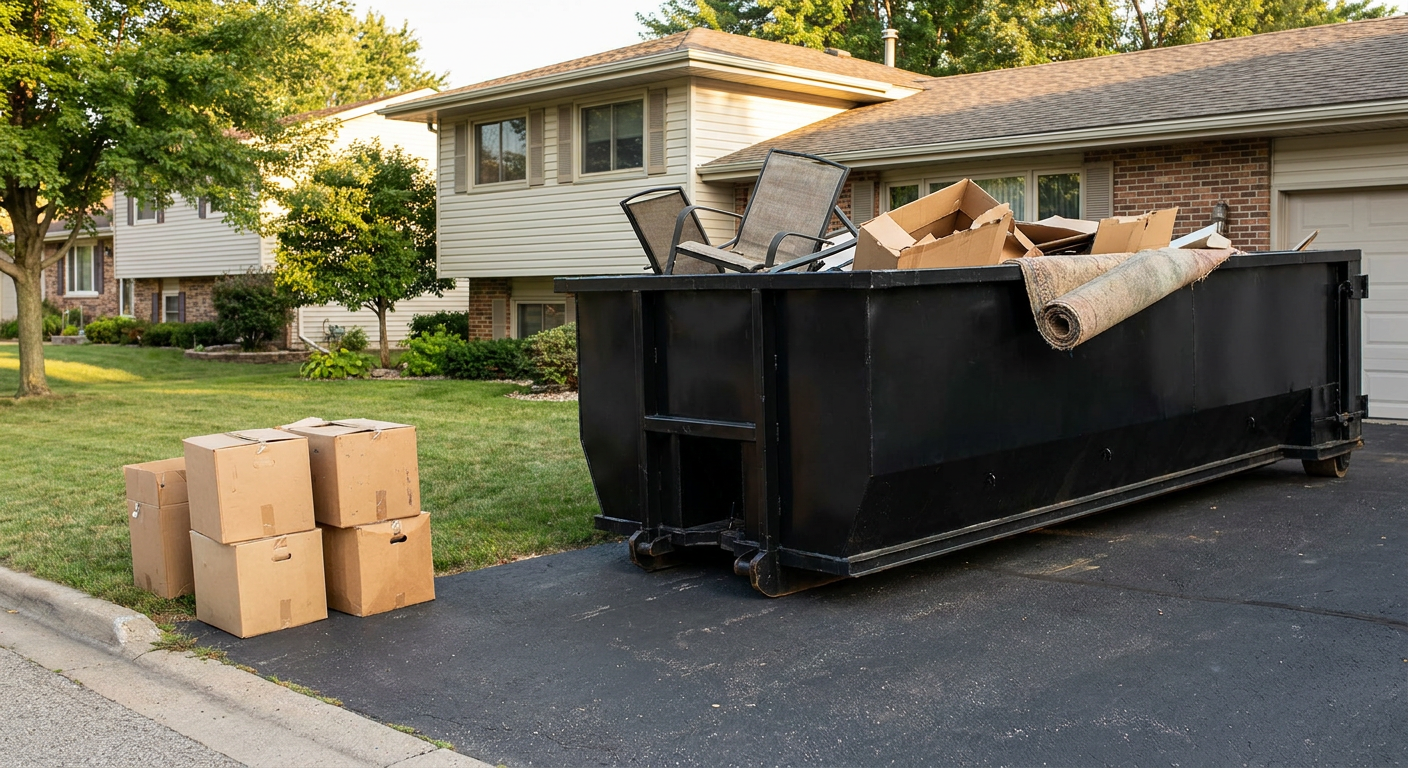 Front-yard view of a Calabasas split-level home with a 20-yard matte-black roll-off dumpster sitting directly on the asphalt driveway, a few clearly labeled donation boxes staged at the curb, calm sunny afternoon.