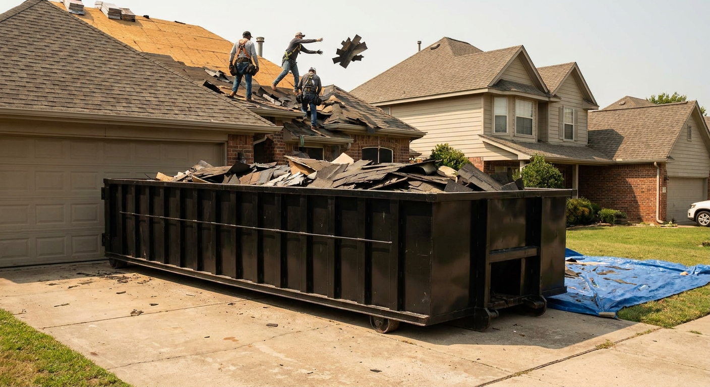 Matte-black roofing roll-off dumpster placed directly on a Calabasas residential concrete driveway, a tear-off crew on a two-story asphalt-shingle roof tossing shingle bundles into the low-walled container, bright daylight, documentary 35mm perspective.