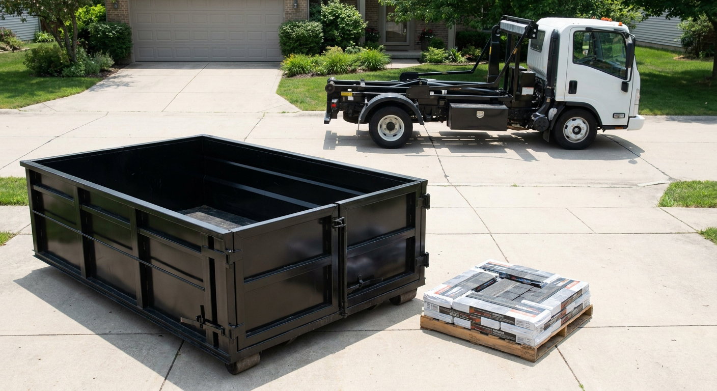 Matte-black 15-yard roofing roll-off dumpster with reinforced low side walls sitting directly on a Calabasas residential concrete driveway, three-tab asphalt shingle bundles stacked nearby, an unmarked white hauler truck partially visible at the edge of the frame.