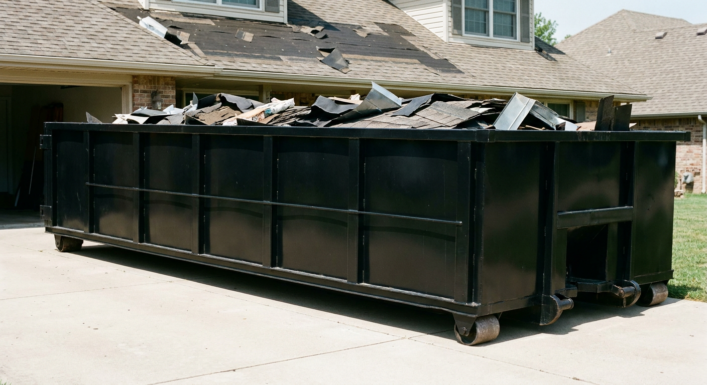 Matte-black 20-yard roofing roll-off dumpster with steel ribbed sides and swinging rear door, sitting directly on the concrete driveway of a two-story Calabasas home, asphalt shingle debris being loaded over the low wall, clean documentary lighting.