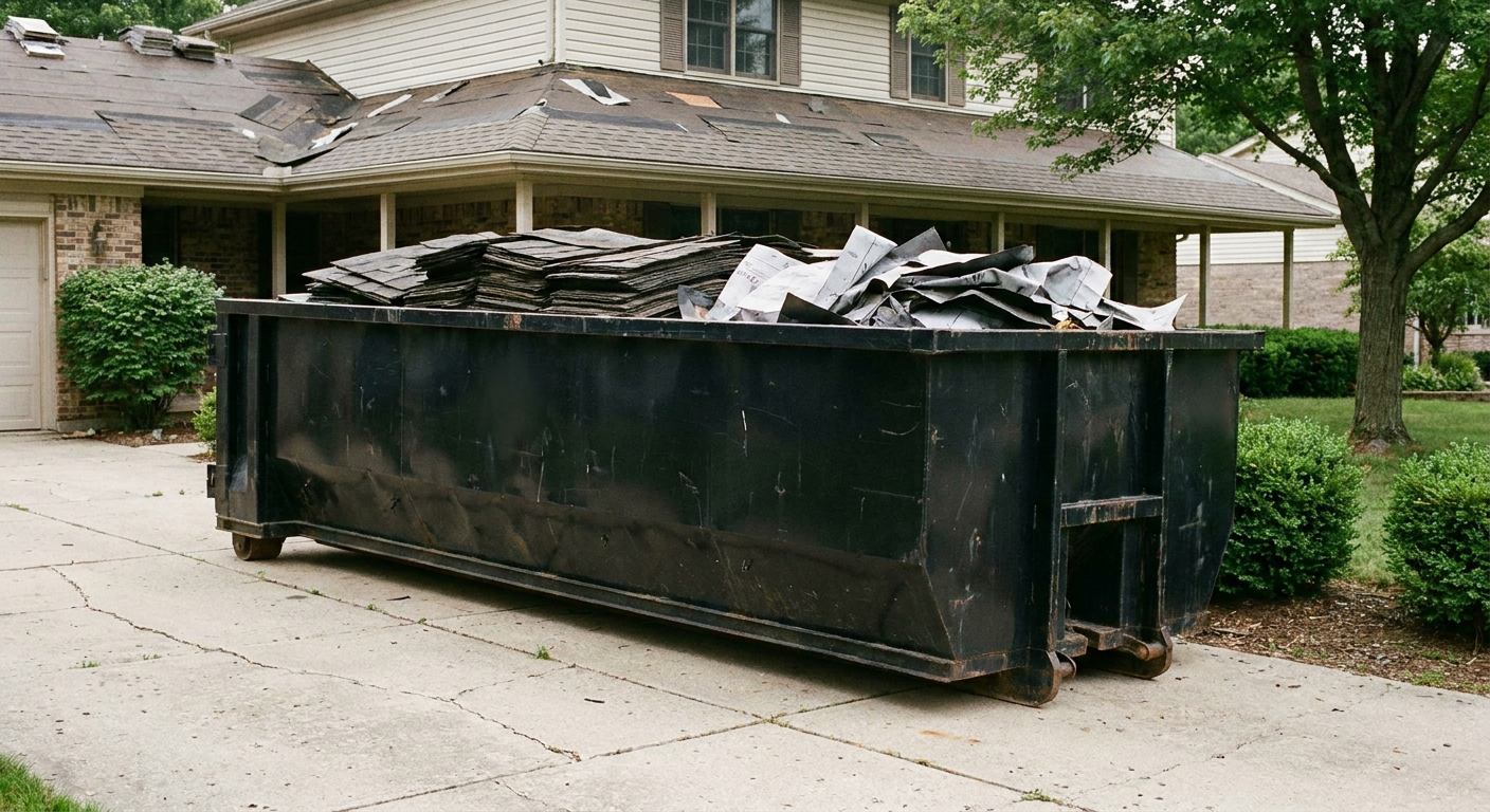 Matte-black 30-yard roofing roll-off dumpster sitting directly on a Calabasas concrete driveway, taller ribbed steel side panels, mixed tear-off debris of asphalt shingles and underlayment inside, professional documentary daylight.