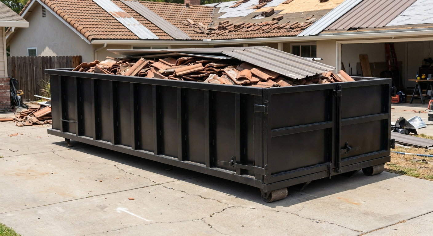 Matte-black low-wall heavy-debris roofing roll-off dumpster sitting directly on a Calabasas concrete driveway, broken concrete clay roof tiles and metal panel sections loaded inside, reinforced ribbed steel side walls visible, bright outdoor daylight.