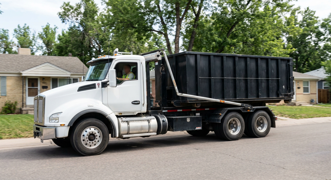 A wide documentary shot of a matte-black roll-off delivery truck pulling onto a quiet Calabasas residential street at mid-morning, with neighborhood rooftops and tree-lined blocks visible behind, showing the metro coverage footprint.