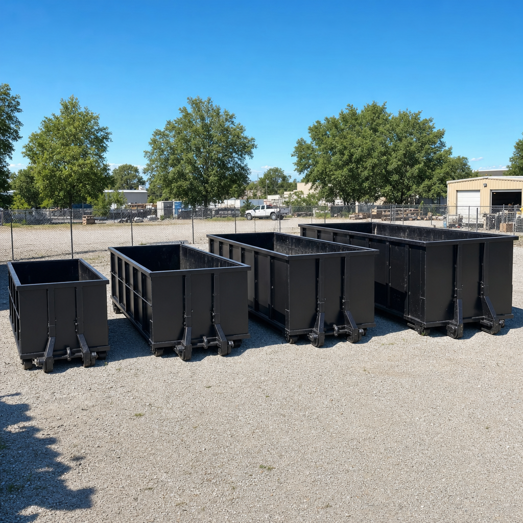 A clean lineup of matte-black roll-off dumpsters in 10, 20, 30, and 40-yard sizes staged on a sunlit gravel yard in Calabasas, showing the size progression from compact to commercial-scale containers.