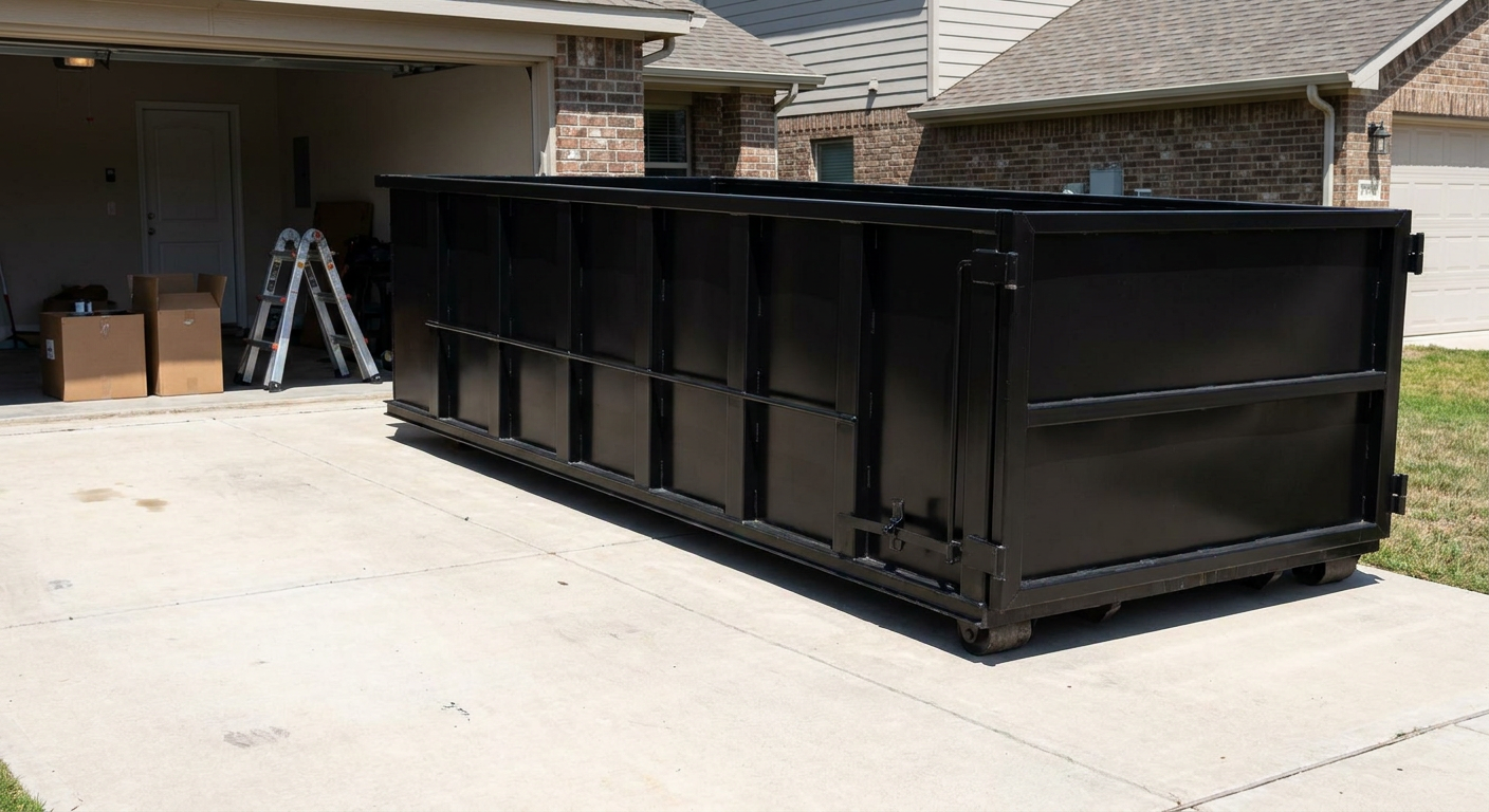 A matte-black 10-yard roll-off dumpster sitting directly on a residential Calabasas concrete driveway, mid-day sunlight, clean and ready for a garage cleanout.