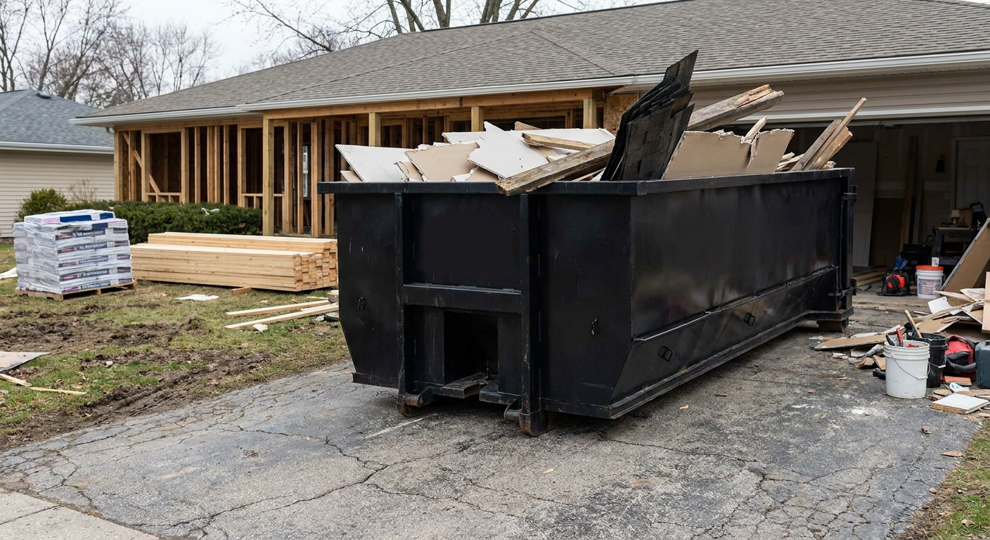 A matte-black 20-yard roll-off dumpster placed alongside a mid-renovation Calabasas home directly on the asphalt driveway, with framing materials and torn-off shingles staged neatly nearby.