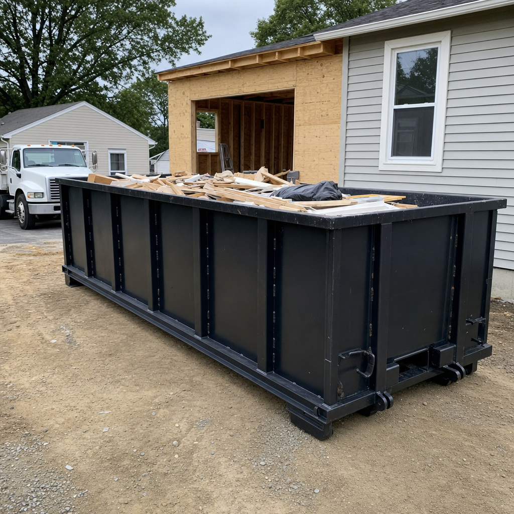 A matte-black 30-yard roll-off dumpster positioned at a Calabasas residential addition jobsite, with framing lumber and drywall scraps loaded through the open swinging rear doors.