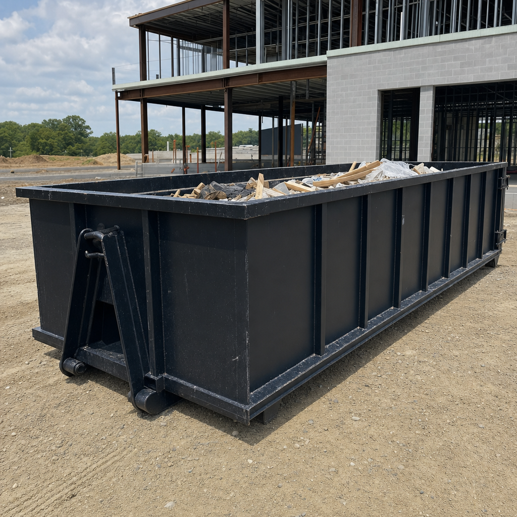A matte-black 40-yard roll-off dumpster staged on a large Calabasas commercial construction lot, with a hooklift delivery truck parked alongside under bright midday sky.