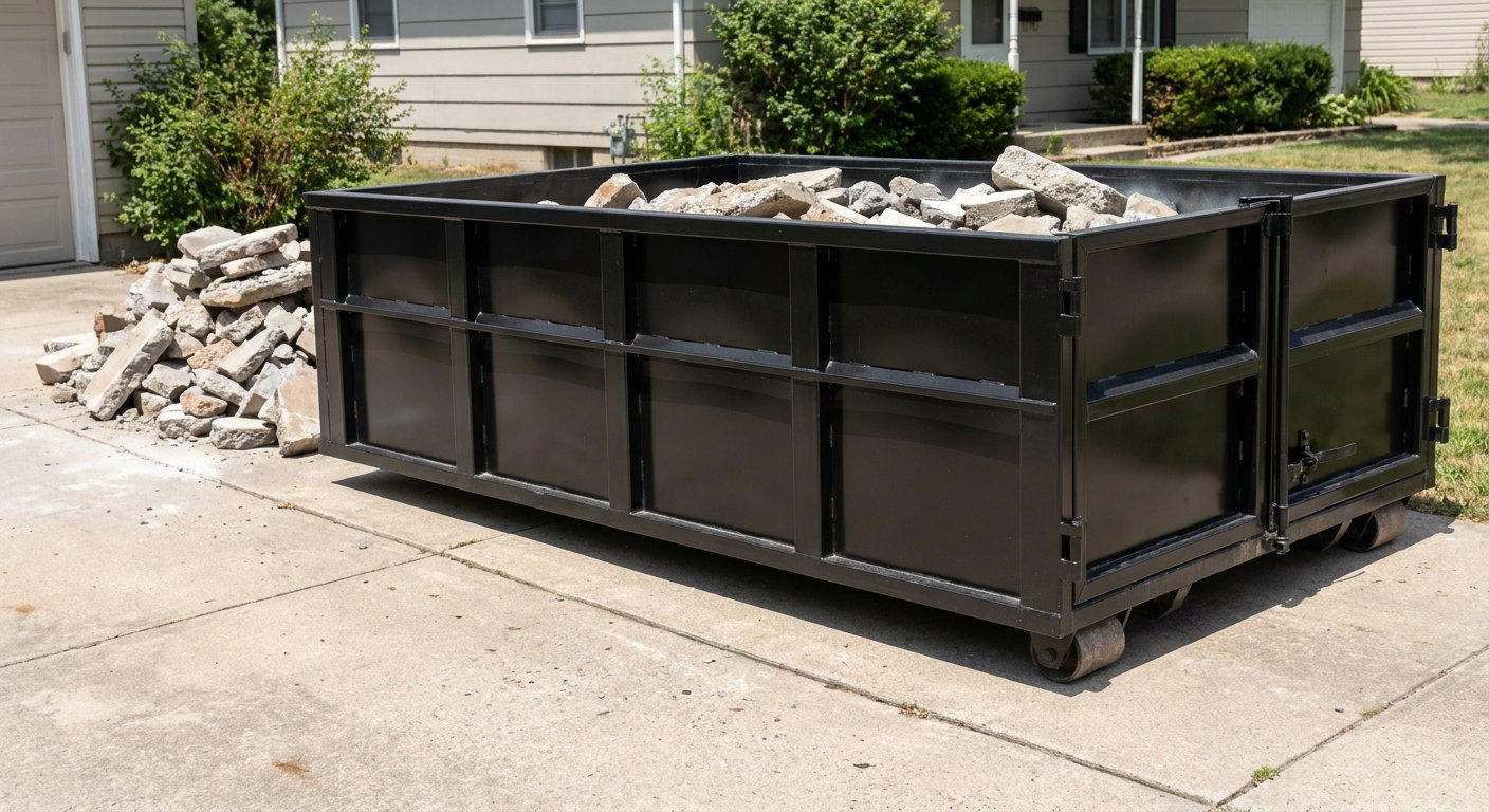 A matte-black low-side heavy-debris roll-off dumpster placed directly on a Calabasas concrete driveway, with broken concrete chunks neatly stacked beside it under clean daylight.
